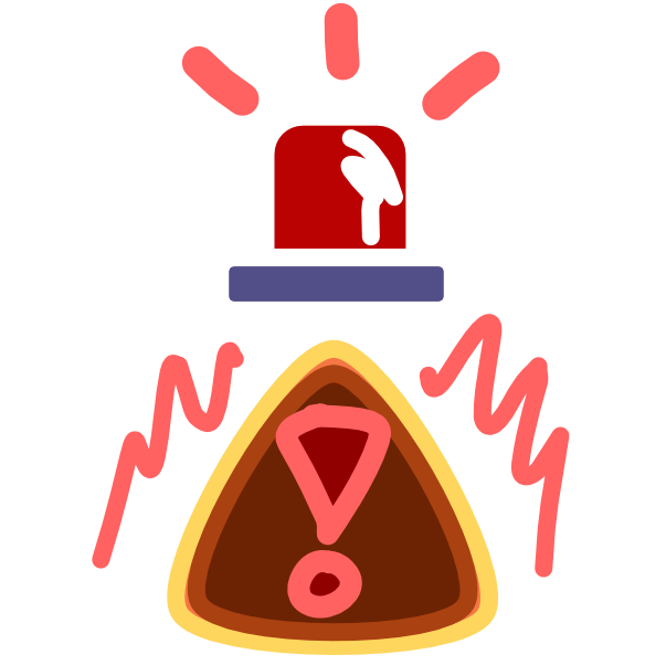 a red emergency light sits above a brown triangle warning sign with a red exclamation point on it.  The emergency light is a simple, rounded, red rectangle with 3 straight emphasis lines above it. Jagged emphasis lines sit radiate from either side of the triangle. The image has light line art.
